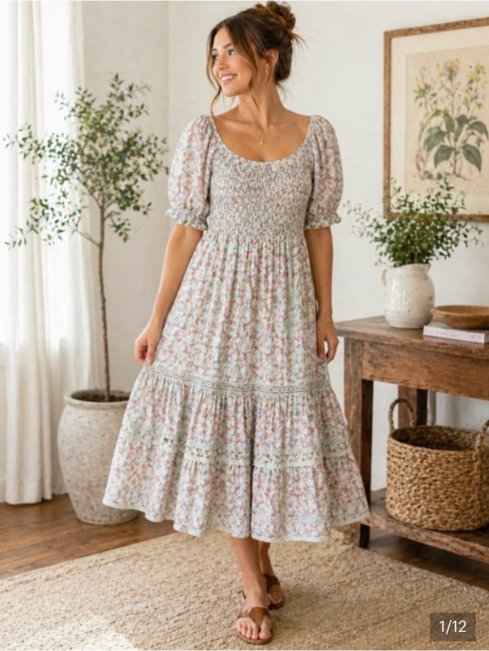LoveShackFancy X Target Celeste Floral Mint Smocked Puff Sleeves Midi Dress